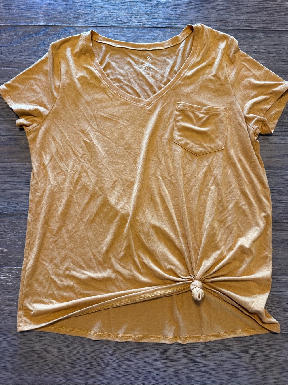 SO Mustard V-Neck Short Sleeve Tee with Front Knot
